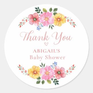Sticker Rond Remerciement de Baby Shower Fleur Sauvage Aquarell
