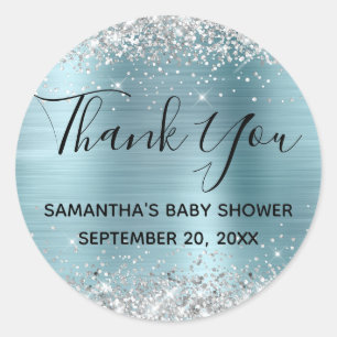 Sticker Rond Remerciement de Baby Shower Pailleté Argenté et Fe