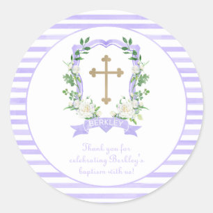 Sticker Rond Remerciement de baptême avec blason floral violet