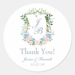 Sticker Rond Remerciement de mariage avec blason floral bleu po