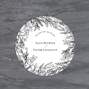 Sticker Rond Remerciement de mariage avec verdure blanche et no