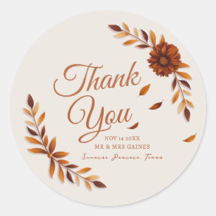Sticker Rond Remerciement de mariage beige et feuilles d'automn