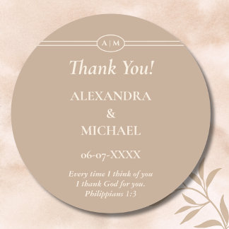 Sticker Rond Remerciement de mariage chrétien Crème Taupe Monog