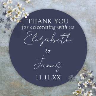 Sticker Rond Remerciement de mariage élégant écriture Navy Blue