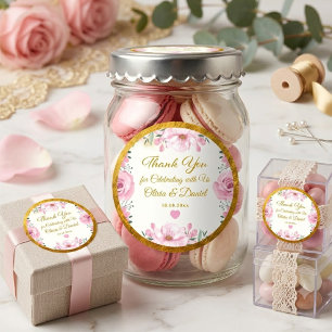 Sticker Rond Remerciement de mariage élégant floral rose et feu