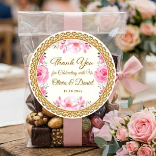 Sticker Rond Remerciement de mariage élégant floral rose et feu