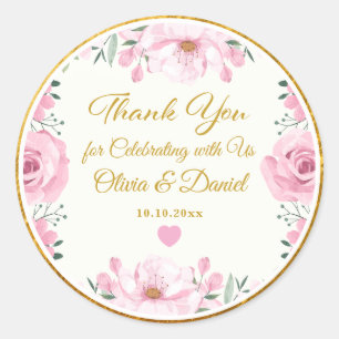 Sticker Rond Remerciement de mariage élégant floral rose et feu