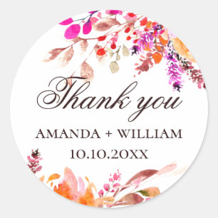 Sticker Rond Remerciement de mariage floral aquarelle. Fleurs r