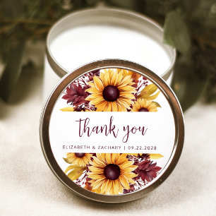 Sticker Rond Remerciement de mariage floral bordeaux tournesol