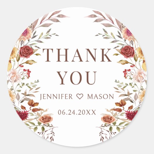 Sticker Rond Remerciement de mariage floral d'automne bohème (Devant)
