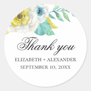 Sticker Rond Remerciement de mariage floral jaune menthe aquare