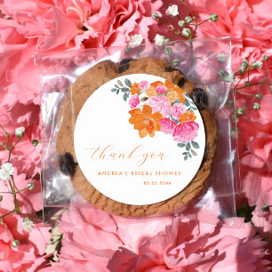 Sticker Rond Remerciement de mariage floral vibrant orange rose