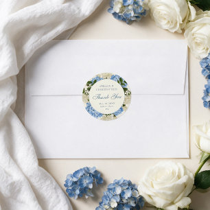 Sticker Rond Remerciement de mariage Hortensia bleu Rose blanch