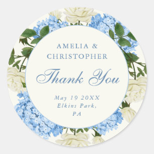 Sticker Rond Remerciement de mariage Hydrangea Bleu Rose Blanch