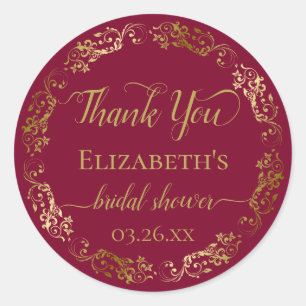 Sticker Rond Remerciement de Mariage Shower Burgundy Marron Or