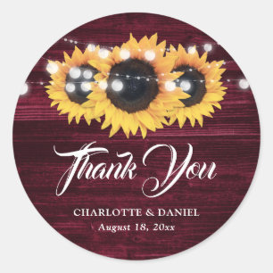 Sticker Rond Remerciement de mariage Tournesol Bois Rustique Bo