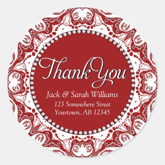 Sticker Rond Remerciement dentelle fractale rouge et blanc (Devant)