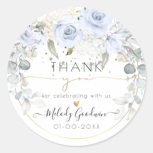 Sticker Rond Remerciement élégant de roses à l'aquarelle bleue (Devant)