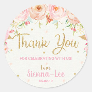 Sticker Rond Remerciement Fête de Naissance Florale Rose 1ère a