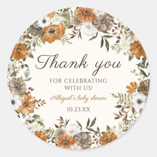 Sticker Rond Remerciement Fleurs d'Automne Rustique Baby Shower (Devant)