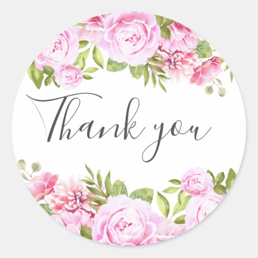 Sticker Rond Remerciement floral de verdure rose tendre (Devant)