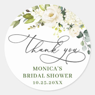 Sticker Rond Remerciement floral Élégant Eucalyptus Roses blanc