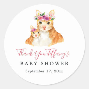 Sticker Rond Remerciement Floral Maman Et Bébé Chat Baby Shower