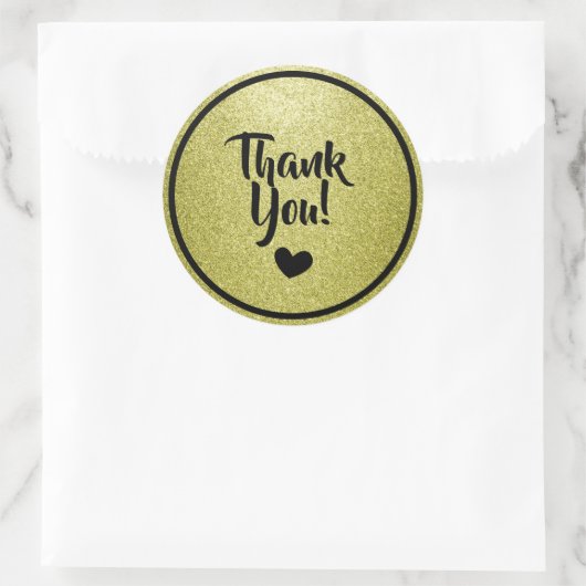 Sticker Rond Remerciement Paillettes Faux Or et Noir (Sac)