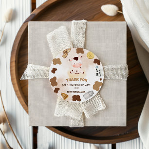 Sticker Rond Remerciement pour Baby Shower Boho Ferme Vache