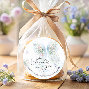 Sticker Rond Remerciement pour Baby Shower Elegant Blue Bow