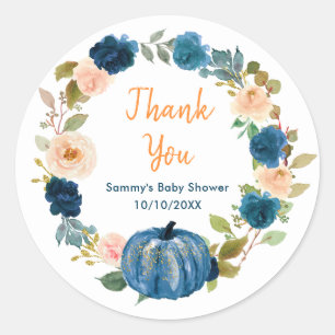 Sticker Rond Remerciement pour Baby Shower Floral Citrouille Bl