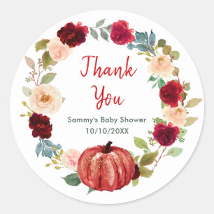 Sticker Rond Remerciement pour Baby Shower Floral Red Pumpkin