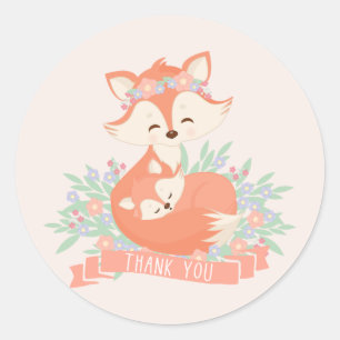 Sticker Rond Remerciement pour Baby Shower Maman et Bébé Renard