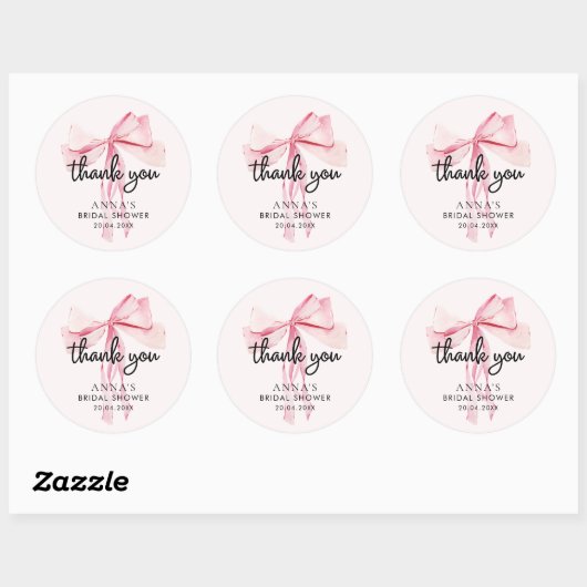 Sticker Rond Remerciement pour Baby Shower Mariée Ruban Rose (Feuille)