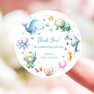 Sticker Rond Remerciement pour Baby Shower Mignon Sous l'Océan