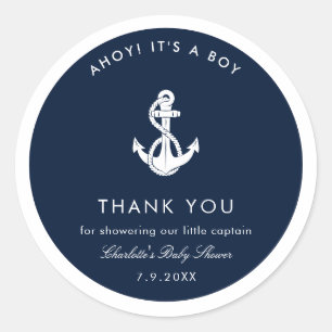 Sticker Rond Remerciement pour Baby Shower Nautique Ancre de Ba