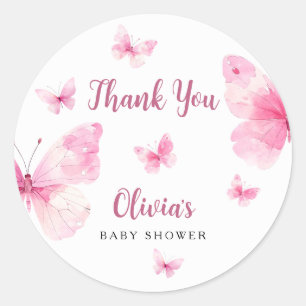 Sticker Rond Remerciement pour Baby Shower Papillon Rose
