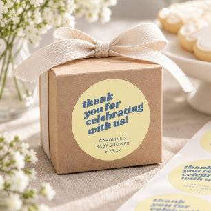 Sticker Rond Remerciement pour Baby Shower Rétro Jaune Bleu Mod