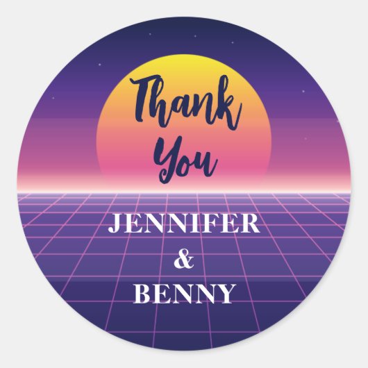 Sticker Rond Remerciement Rétro Néon Violet Synthwave Coucher d (Devant)