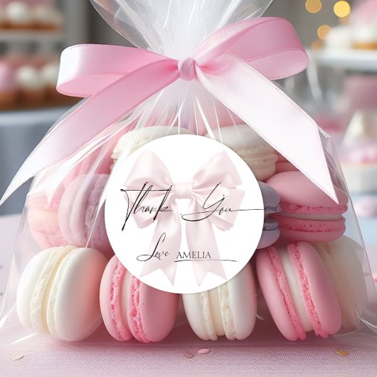 Sticker Rond Remerciement Ruban Rose Élégant