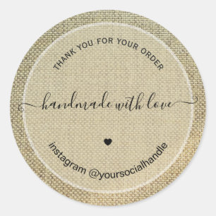 Sticker Rond Remerciement rustique fait main avec amour lin bei