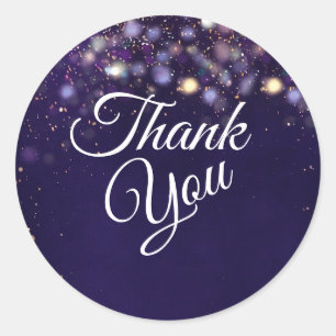 Sticker Rond Remerciements avec Lumières Bokeh Violet et Or Élé