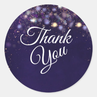 Sticker Rond Remerciements avec Lumières Bokeh Violet et Or Élé