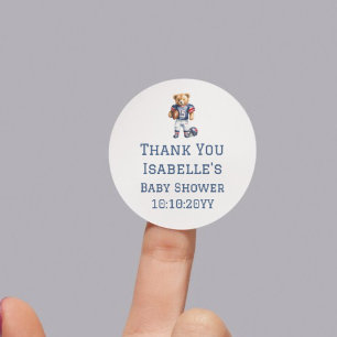 Sticker Rond Remerciements Baby Shower Ours en Peluche Football
