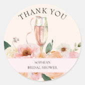 Sticker Rond Remerciements Champagne Floral Rose Élégant (Devant)