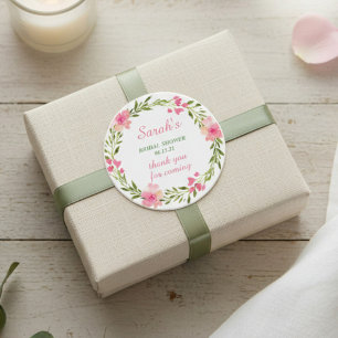 Sticker Rond Remerciements de Baby Shower Mariée Fleur Rose Mod