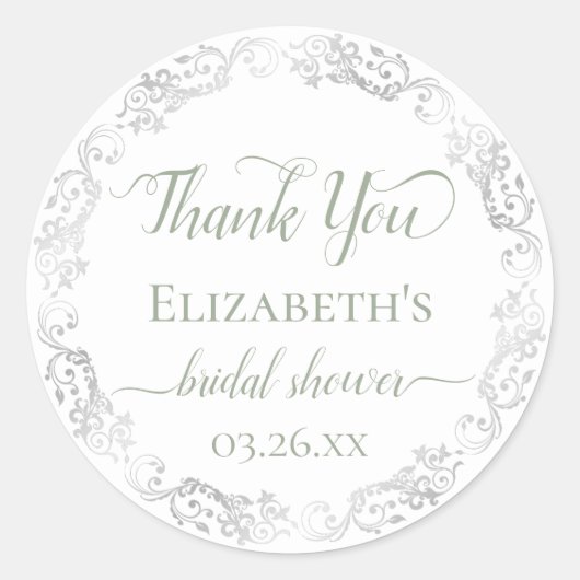 Sticker Rond Remerciements de Fiançailles Argent et Vert Sauge (Devant)