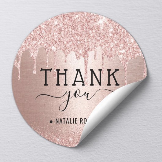 Sticker Rond Remerciements de gouttes de paillettes de rose dor