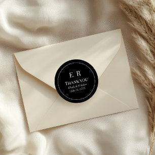 Sticker Rond Remerciements de mariage à monogramme noir moderne