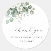 Sticker Rond Remerciements de mariage floral d'eucalyptus blanc (Devant)